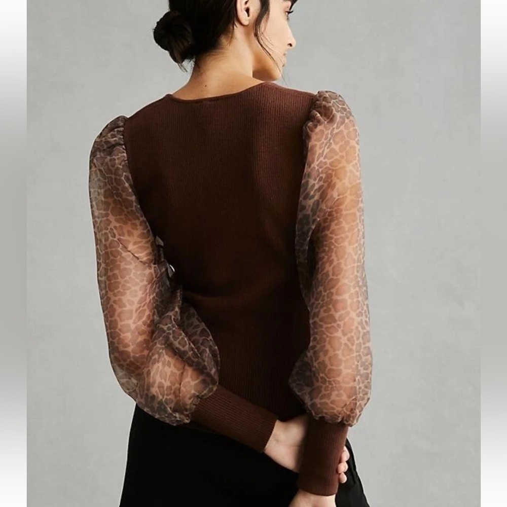 BNWT Anthropologie DOLAN Cheetah/Leopard Puff-Sleeve Sweater Top - Picture 3 of 5